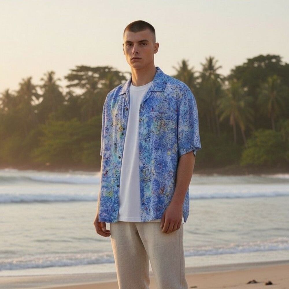 Sambisari Indonesia Mens XL Batik Cotton Camp Shirt DRY CLEANED Tropical Beach